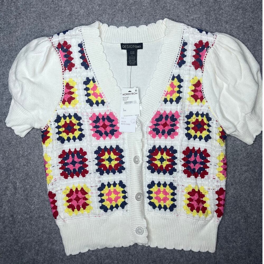 Design365 Nordstrom Crochet Short Sleeve Cardigan m3141nr white combo Large NWT